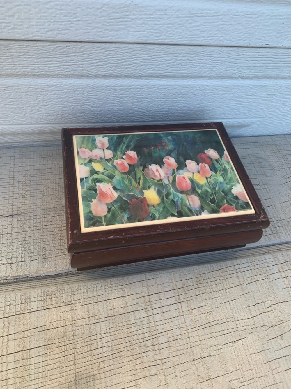 Vintage Wooden Music Box Rachmaninoff Tulip Art Jewelry Chest Keepsake 7x5